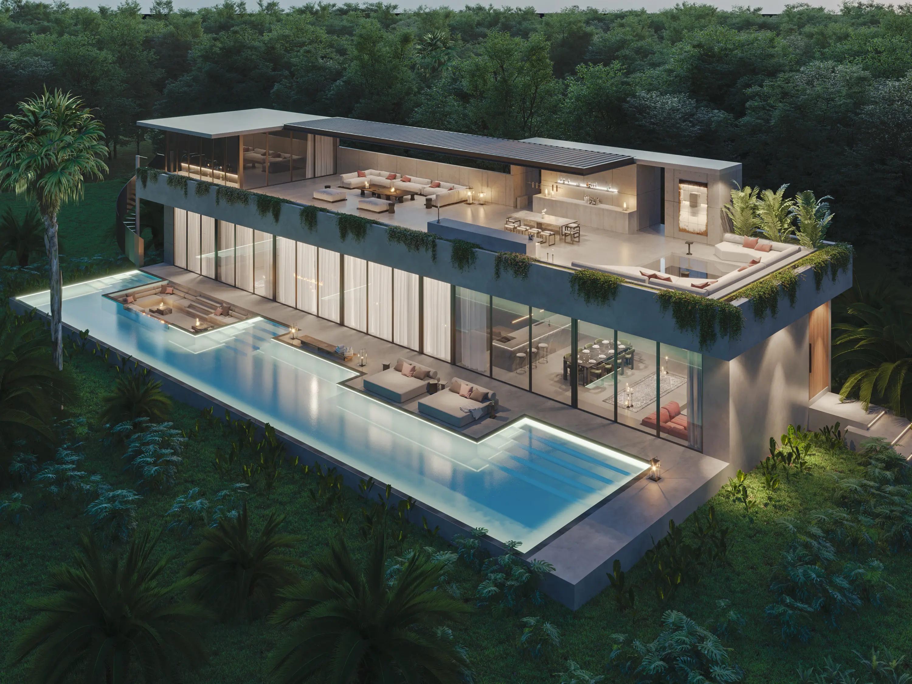 Modern two-story house with rooftop lounge and illuminated pool surrounded by lush greenery.