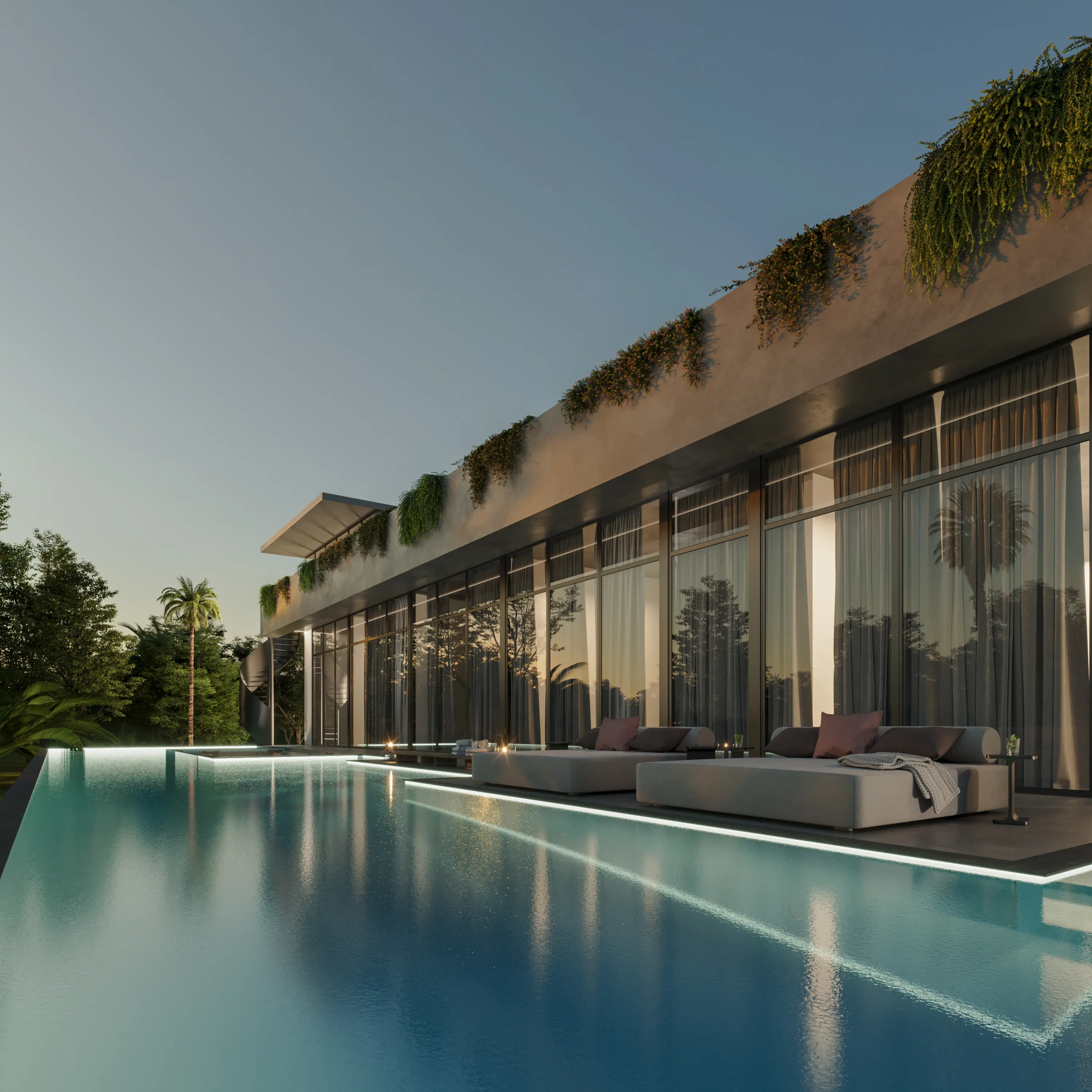 Modern house with large glass windows, rooftop plants, and an illuminated infinity pool at sunset.