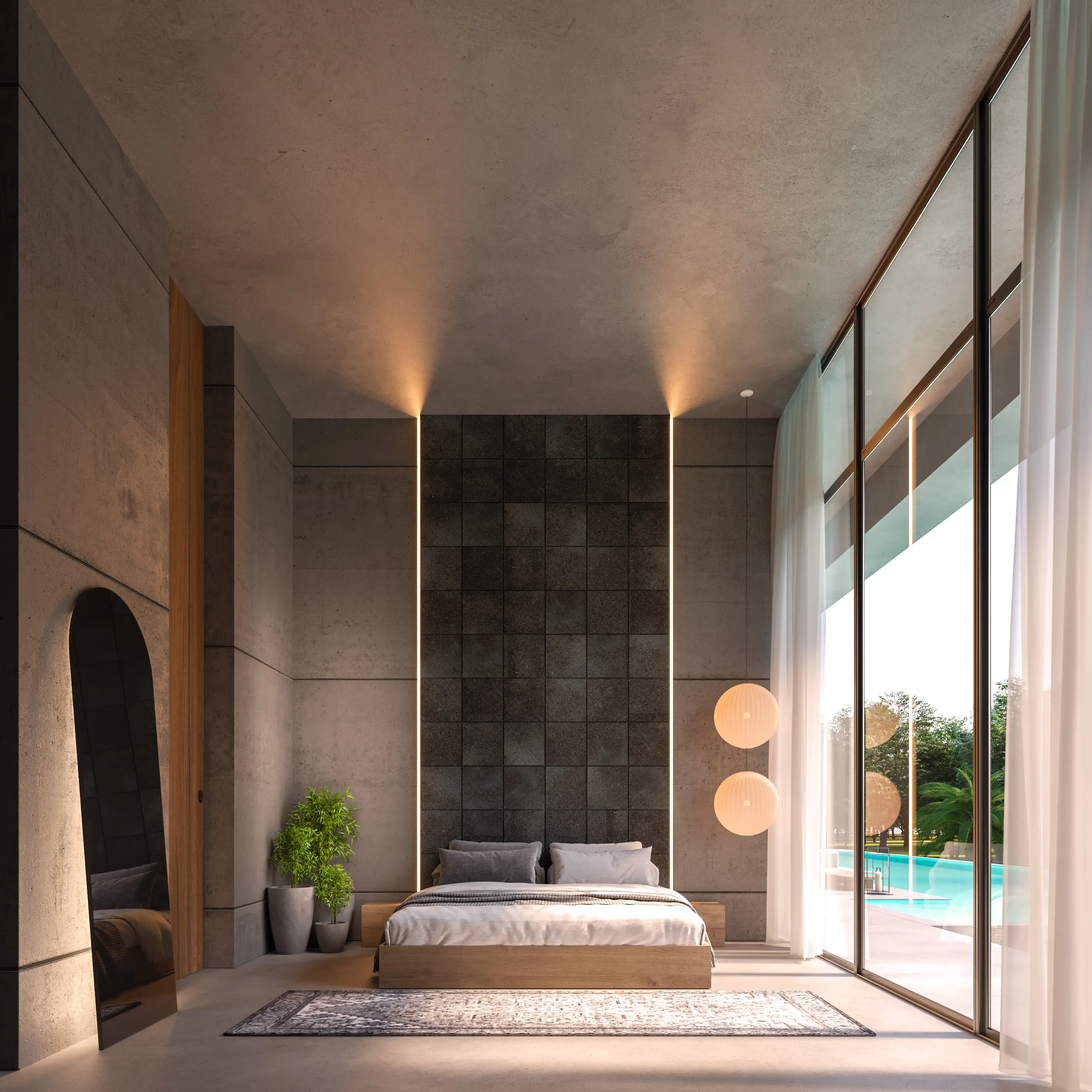 Modern bedroom with a wooden bed, gray tiled accent wall, floor mirror, two hanging lamps, large glass windows, and a view of a pool outside.