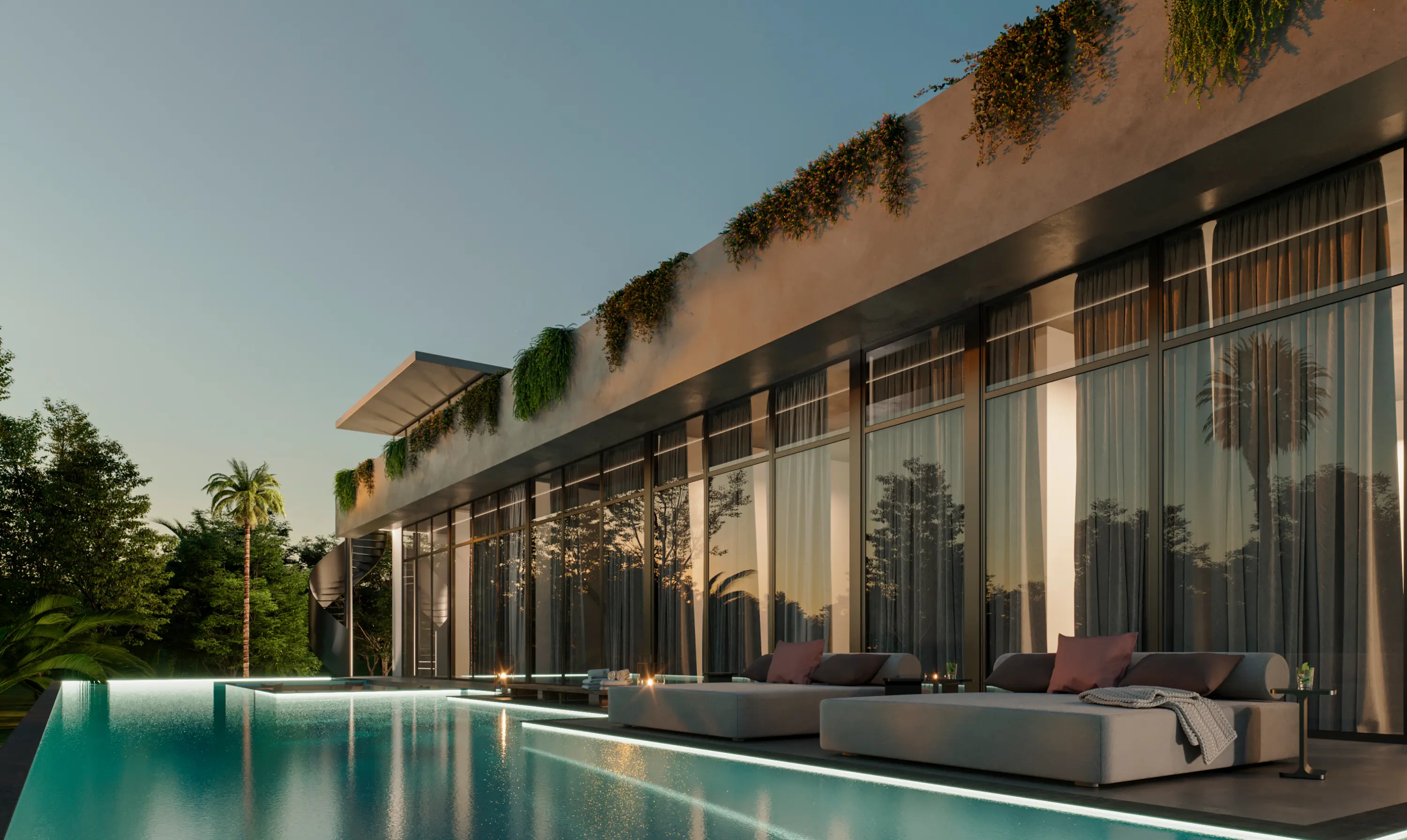 Modern house exterior at dusk with a long illuminated pool, lounge chairs, and a spiral staircase surrounded by greenery.