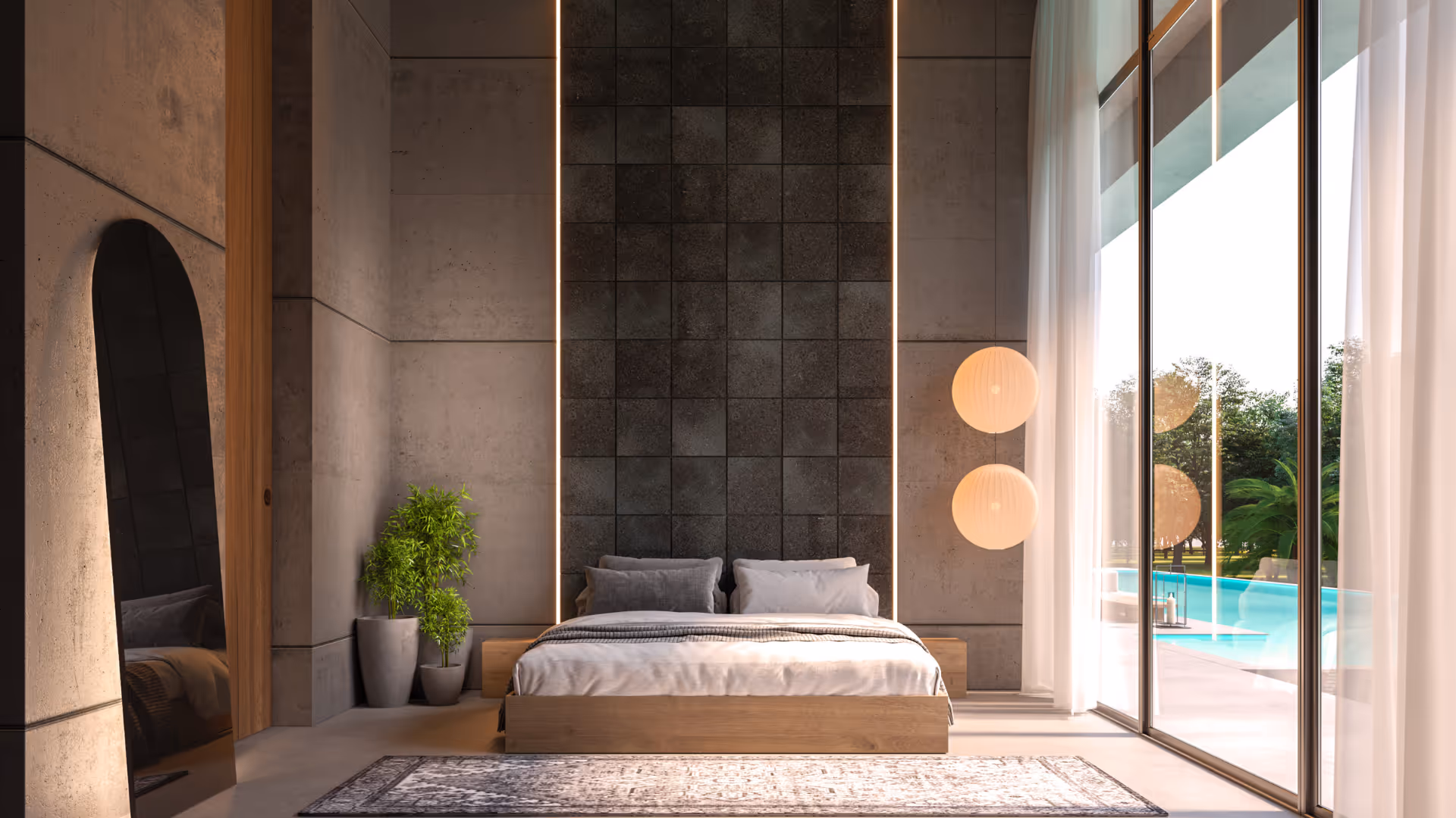 Modern bedroom with a wooden bed, two pillows, dark tiled accent wall with vertical lights, two potted plants, floor mirror, and large glass doors opening to a poolside view.