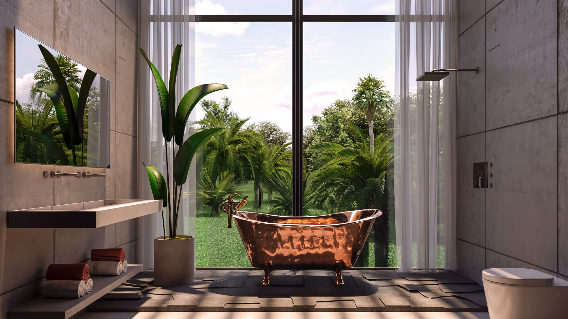 Modern bathroom with a copper clawfoot bathtub facing a large window overlooking a lush green garden.