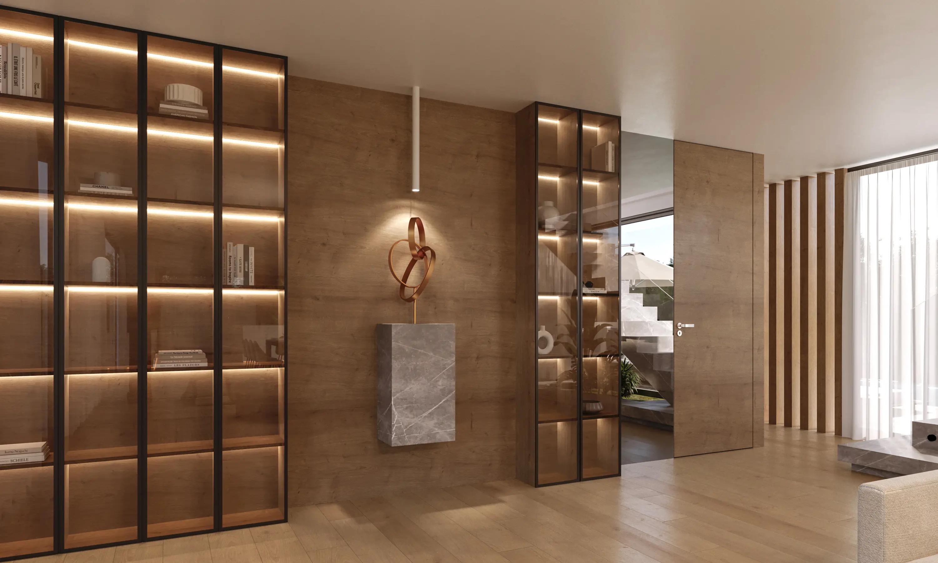 Modern interior with wood-paneled walls, glass display shelves with backlighting, and a decorative sculpture mounted on a marble pedestal.