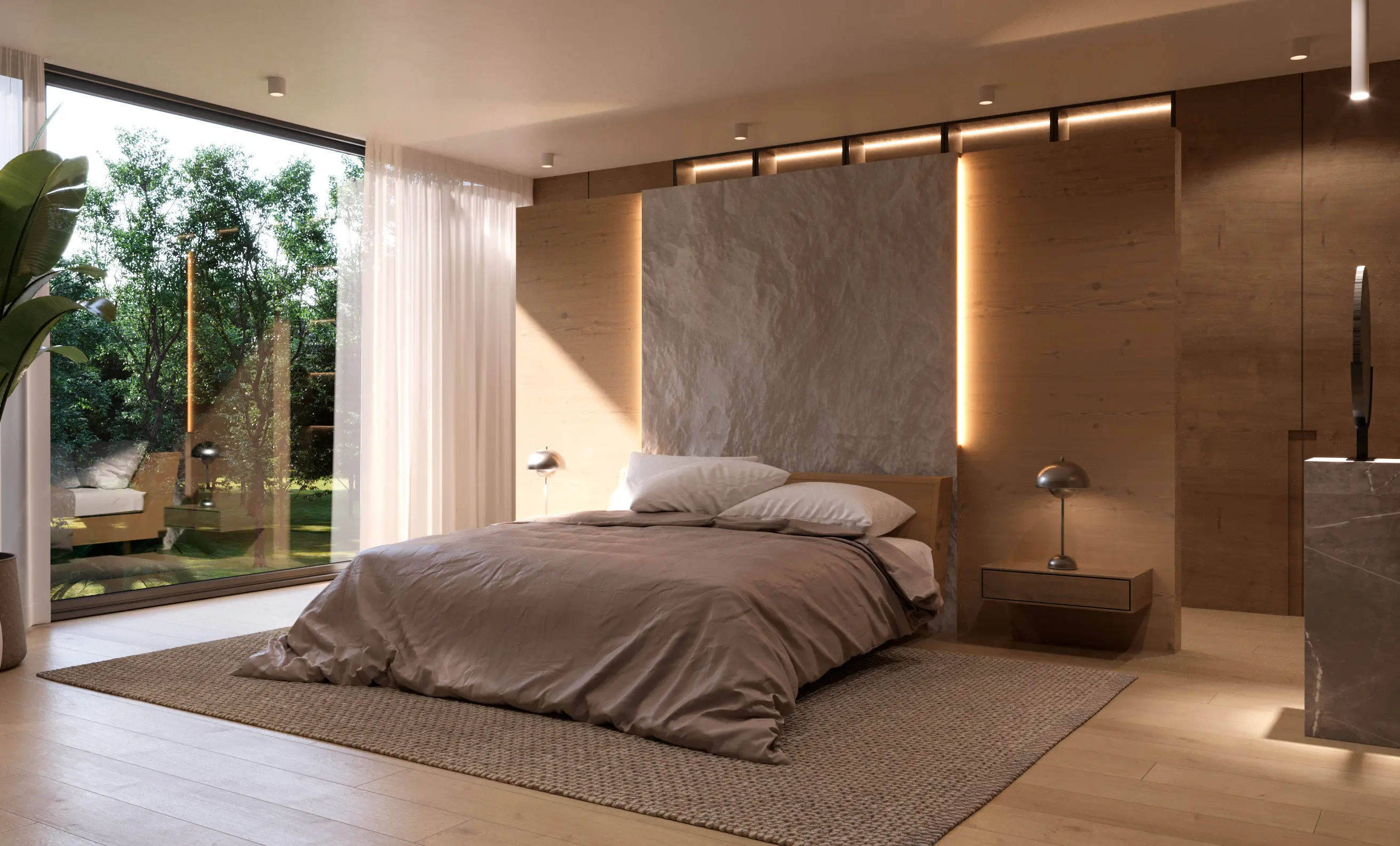 Modern bedroom with a large window showing green trees, beige bedding on a wooden bed, nightstands with metal lamps, and soft lighting on wood-paneled walls.