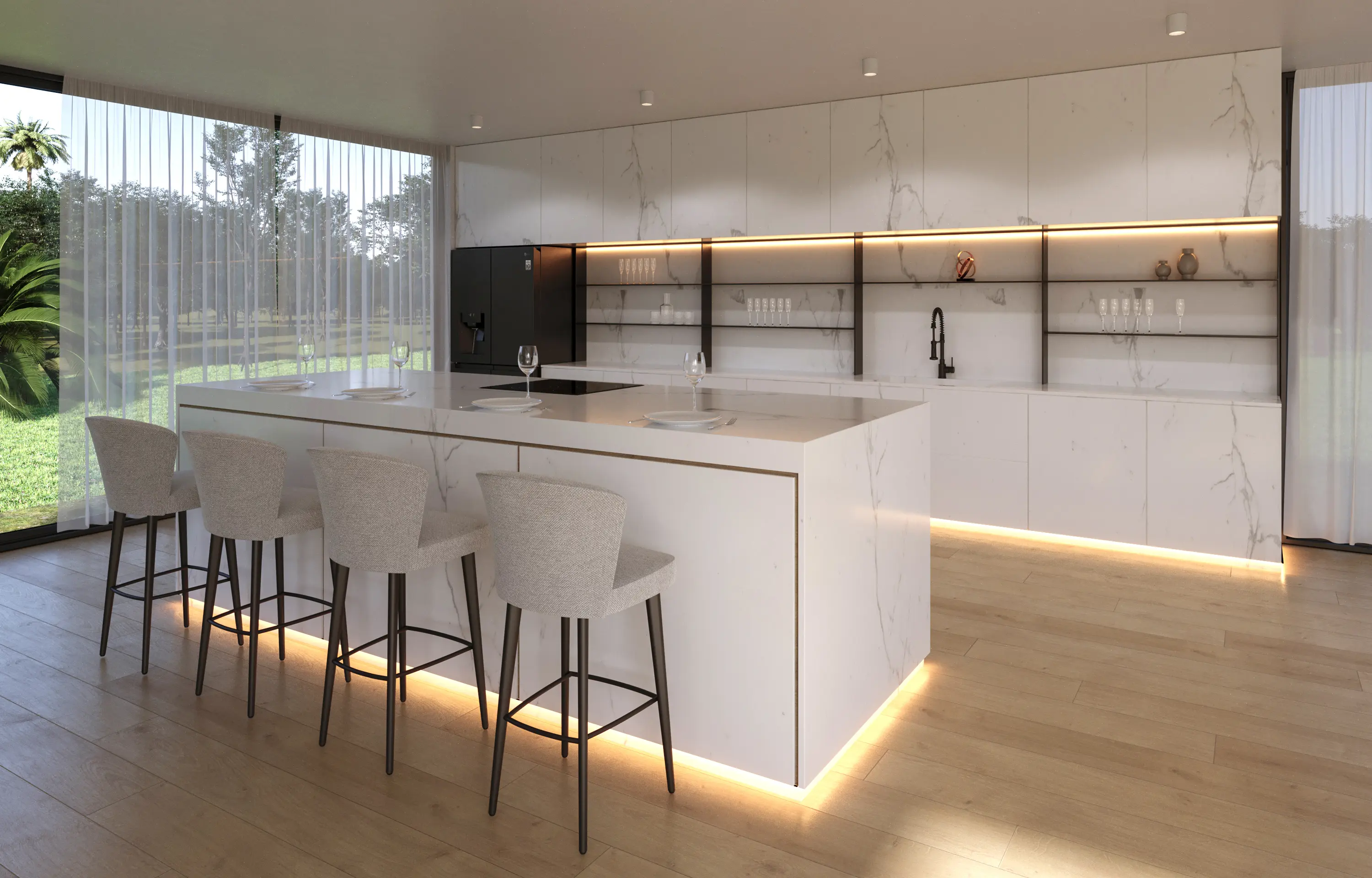Modern kitchen with a large marble island featuring four beige upholstered bar stools, under-cabinet lighting, and floor-to-ceiling windows with sheer curtains overlooking a garden.
