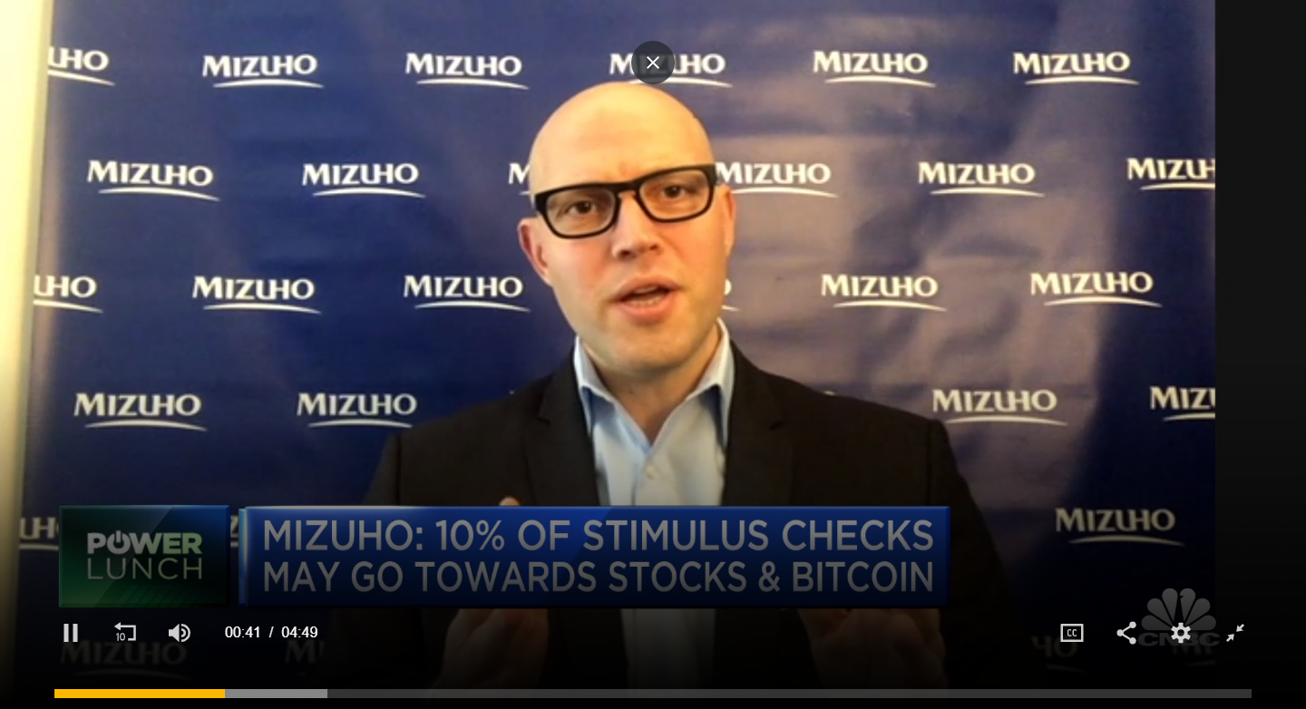 10 percent of stimulus checks may go to bitcoin and stocks, says Mizuho's Dolev