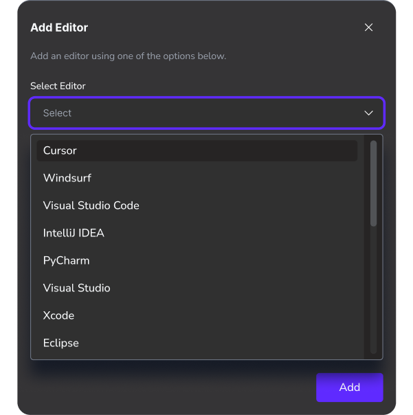 Dropdown to choose your coding editors to add to your stack