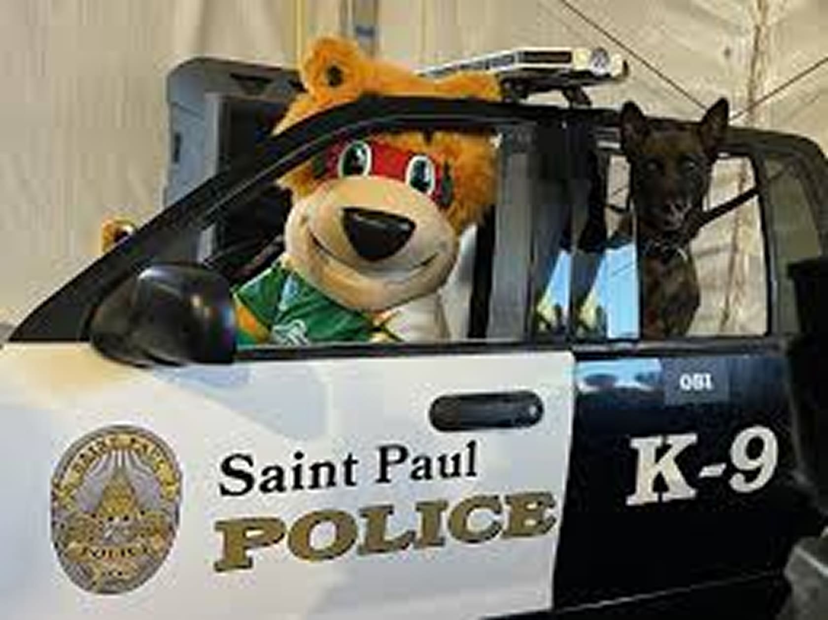 Three police officers in uniform standing with police dogs in front of a brick wall with boarded-up windows.