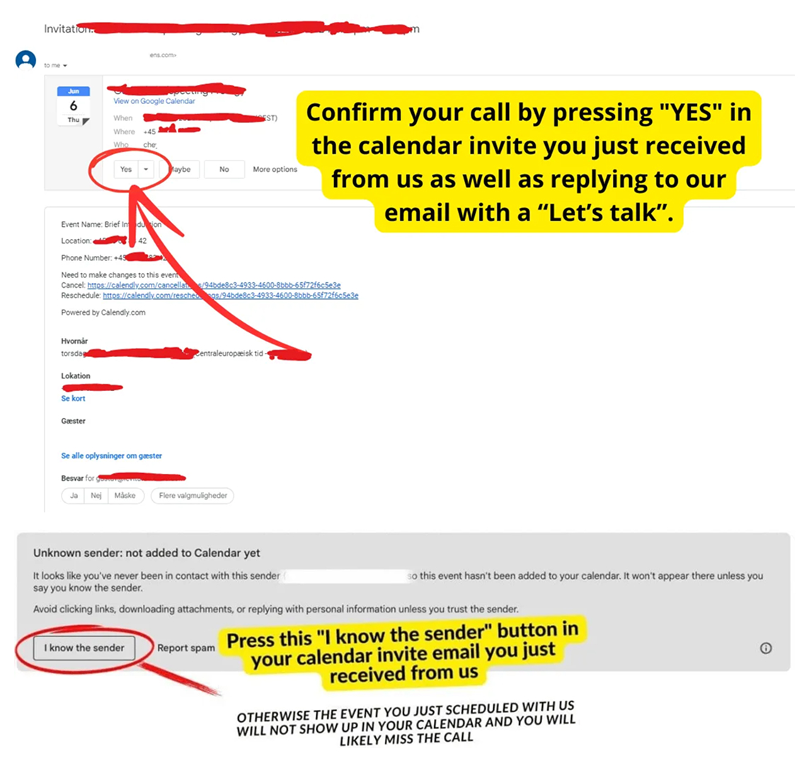 Confirm Call and Click "I Know the Sender" in your Email