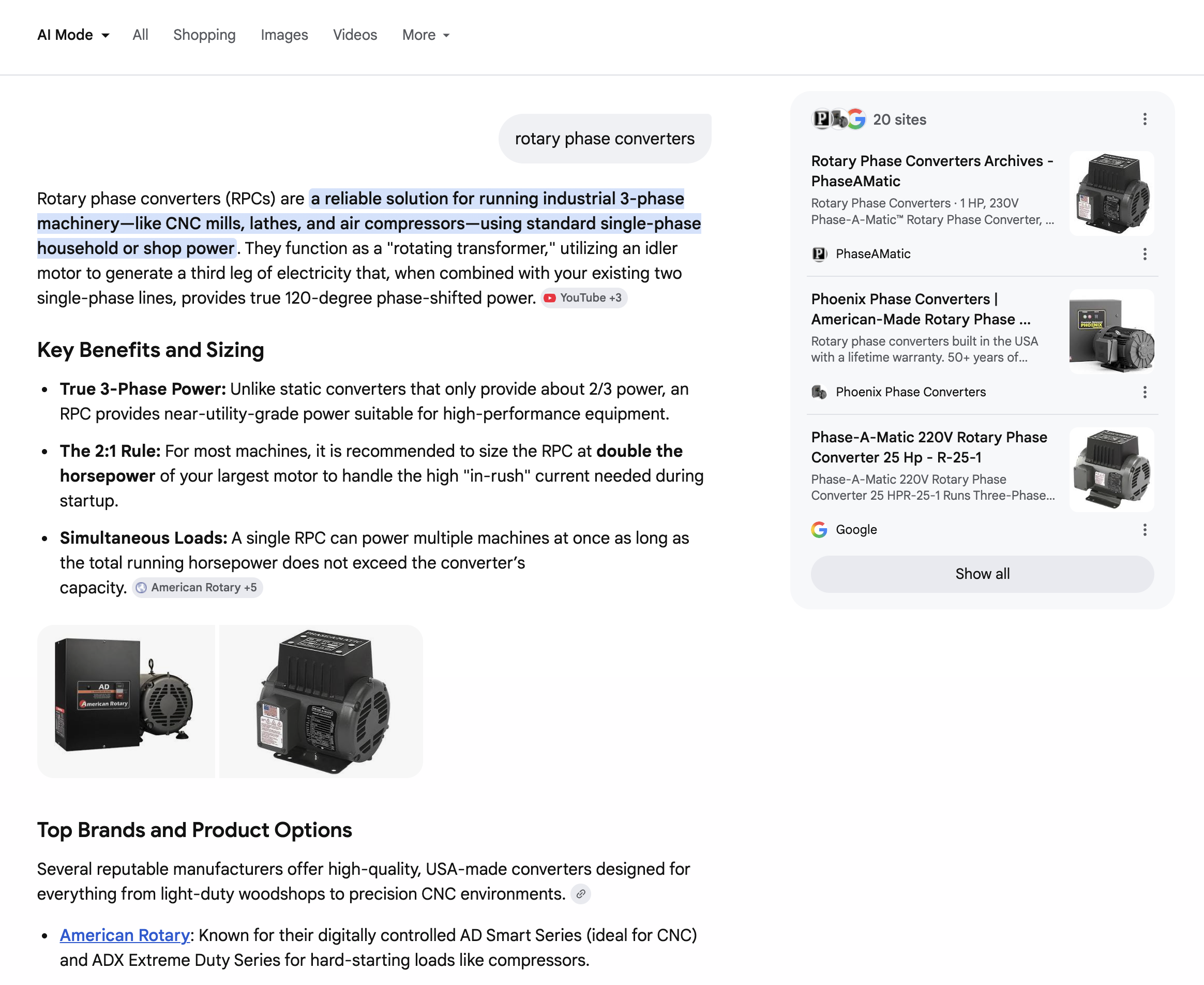 Web page on rotary phase converters highlighting benefits like running 3-phase machinery on single-phase power, with images of American Rotary phase converters and a sidebar showing related product links.
