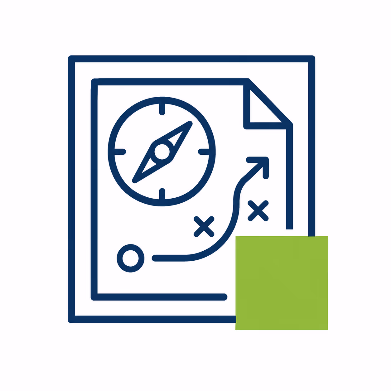 Icon showing a strategy plan with a compass and a path with markers on a document.