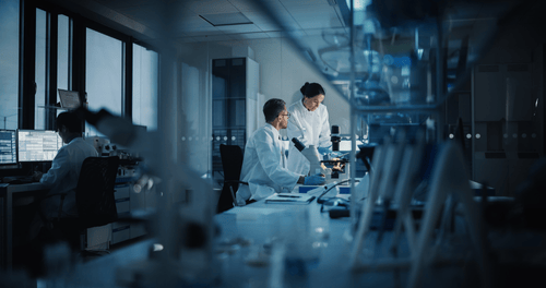 Research team meeting inside a modern glass-walled office