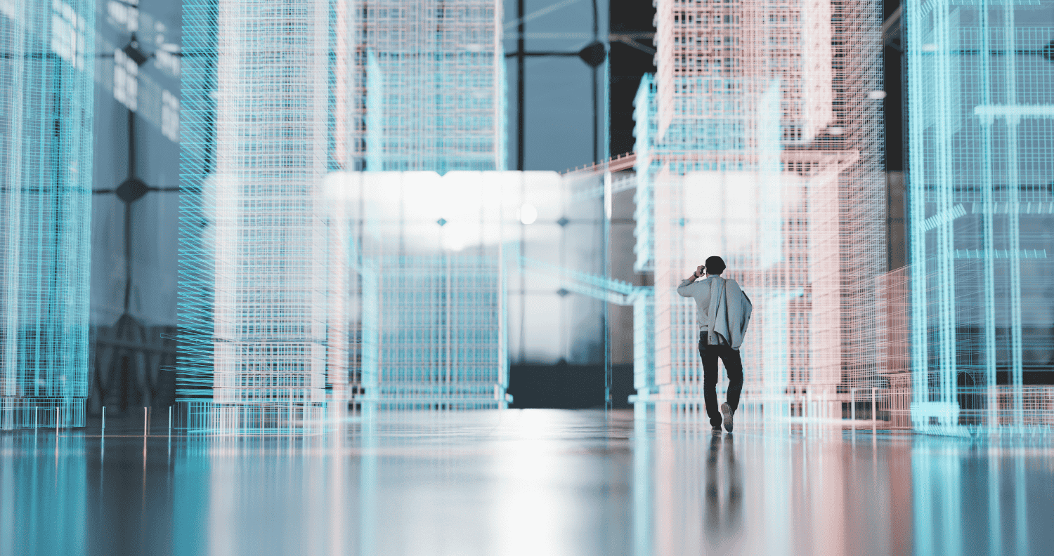 A person walking through a large, futuristic digital infrastructure environment with translucent wireframe buildings and blue holographic elements.
