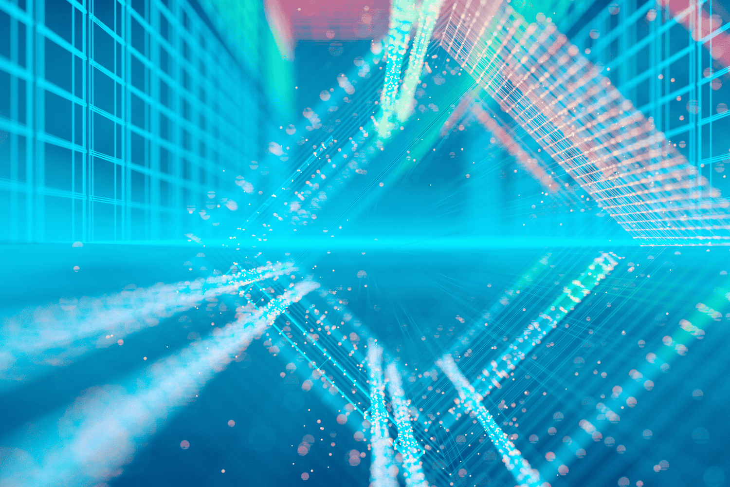 Abstract digital infrastructure with intersecting data streams, representing connectivity, system integration, and real-time supply chain visibility.