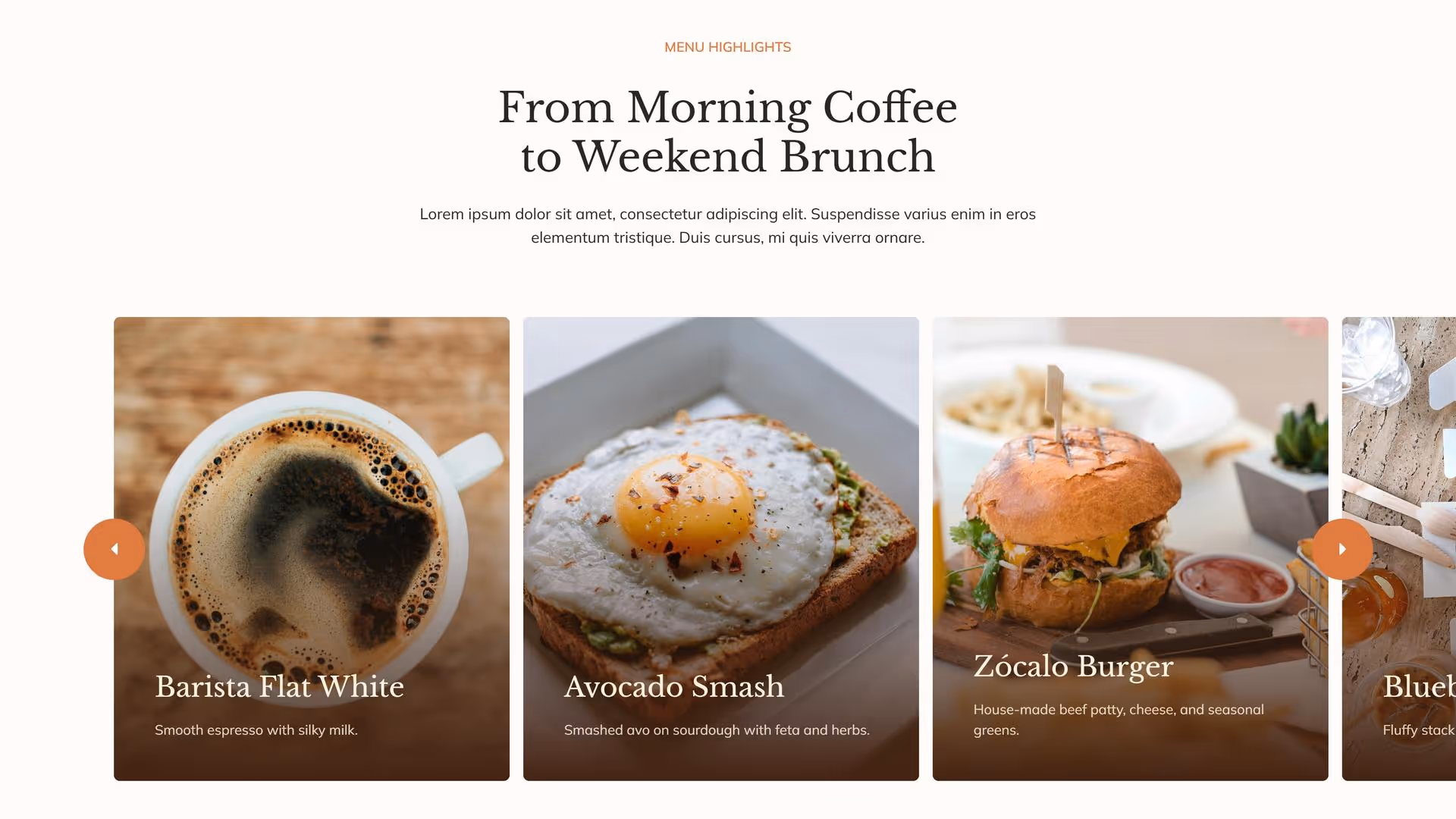 Menu highlights section featuring a Barista Flat White, Avocado Smash on sourdough with a sunny-side-up egg, and a Zócalo Burger. Neutral tones and appetizing presentation convey a cozy brunch vibe.