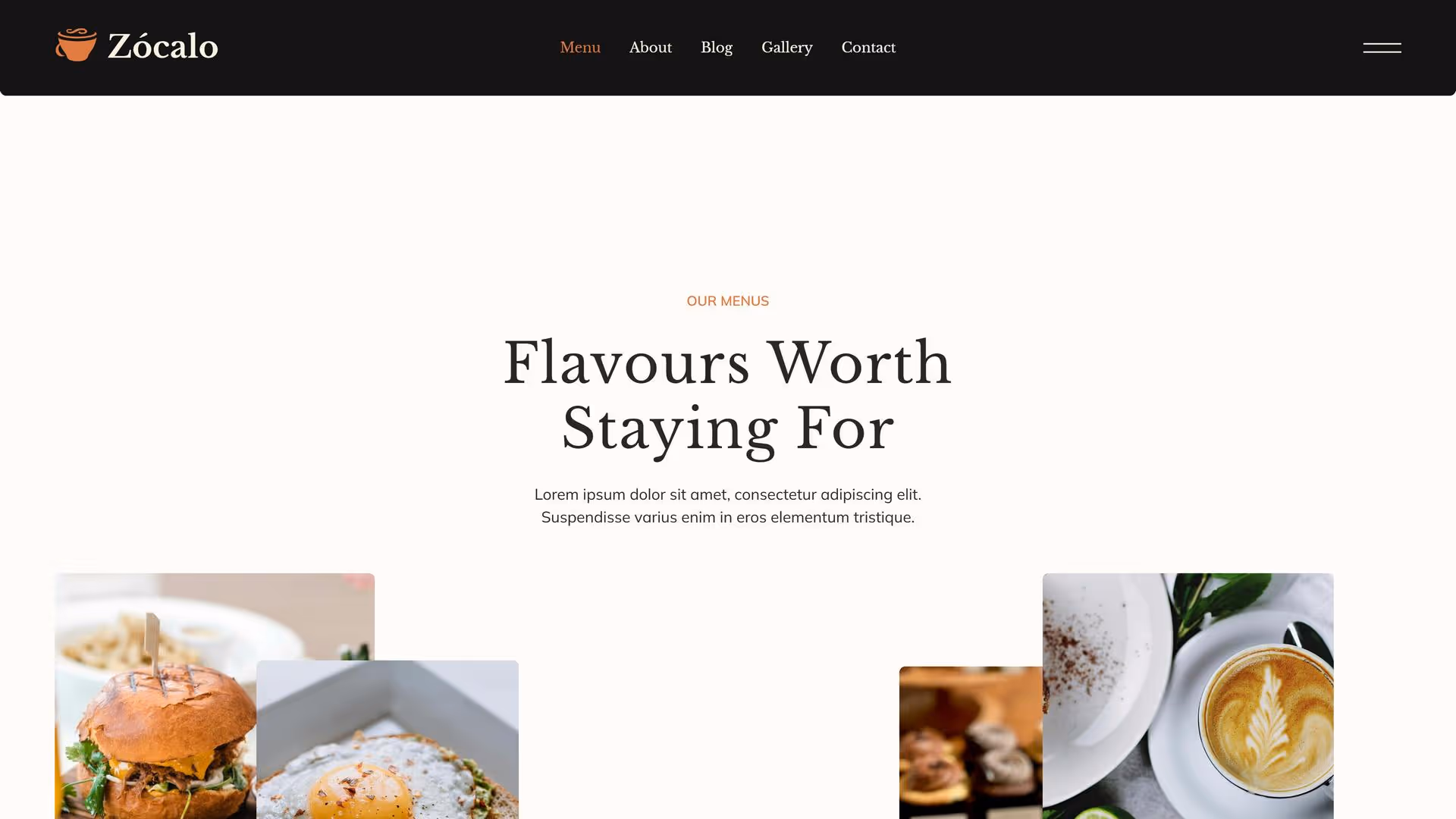 A stylish restaurant webpage featuring the text "Flavours Worth Staying For" with images of a burger, a fried egg dish, and a latte with latte art.