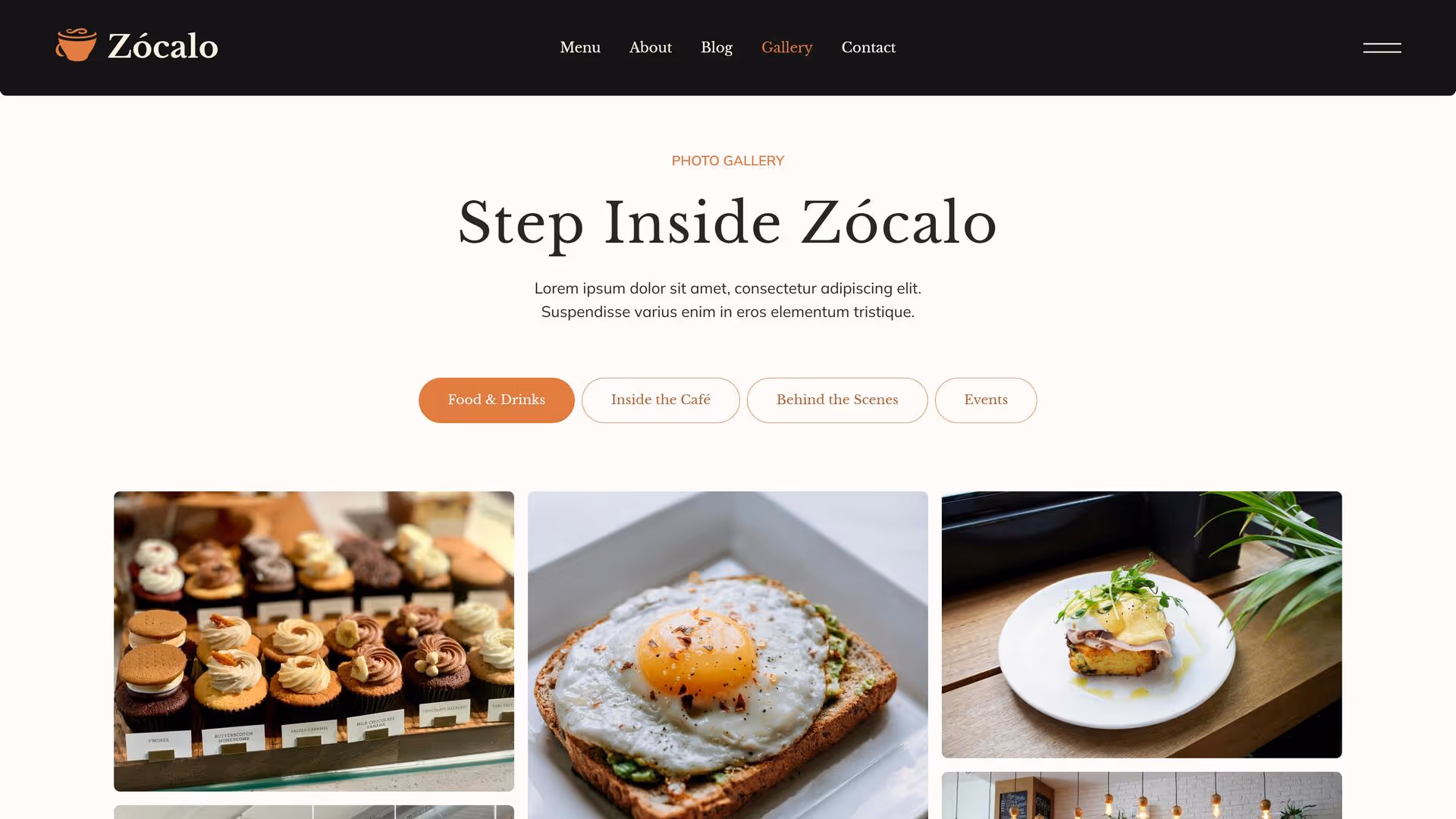 Web page for Zócalo cafe showing a header menu and a photo gallery section. Images feature assorted cupcakes, avocado toast with a fried egg, and eggs Benedict. The design is clean and inviting, highlighting food offerings.
