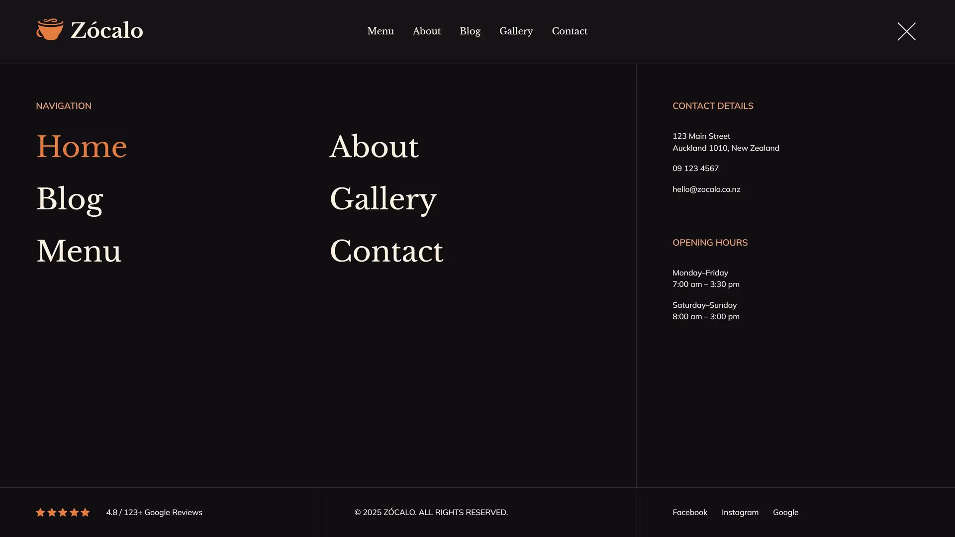 Zócalo restaurant website menu on a black background with links to Home, Blog, Menu, About, Gallery, and Contact. Contact details and hours are on the right. The tone is sleek and modern.