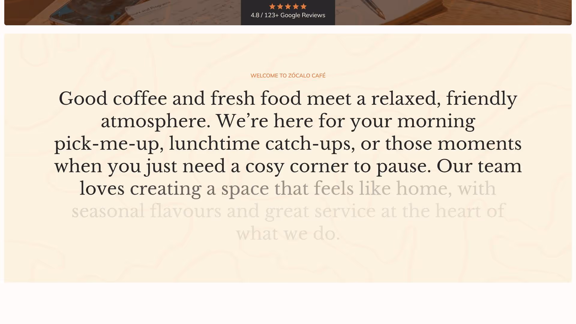 Text from a café promoting a cozy, friendly atmosphere with good coffee and fresh food for various occasions, emphasizing comfort and great service.