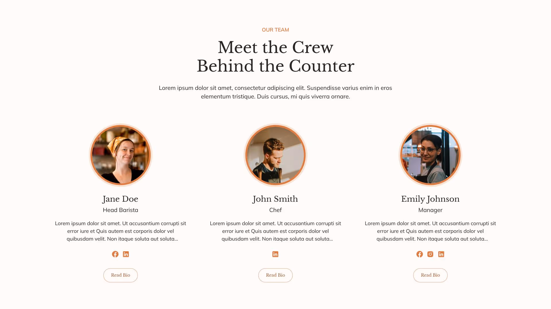 Team introduction page with portraits of three staff members: Jane Doe, Head Barista; John Smith, Chef; Emily Johnson, Manager. Each has a brief bio and social media icons below their image, set against a minimalist design.