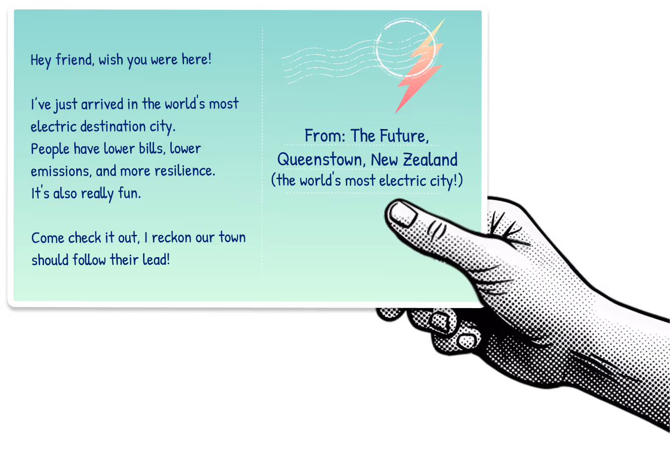 Hand holding a postcard to a friend, from Queenstown, the world's most electric city in 2030