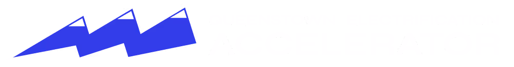 Logo of Queenstown Electrification Accelerator showing a stylised jagged snowcapped mountain range shaped like a horizontal lightning bolt