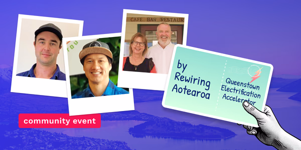Event advert with four faces happy about the future of queenstown electrification and a postcard