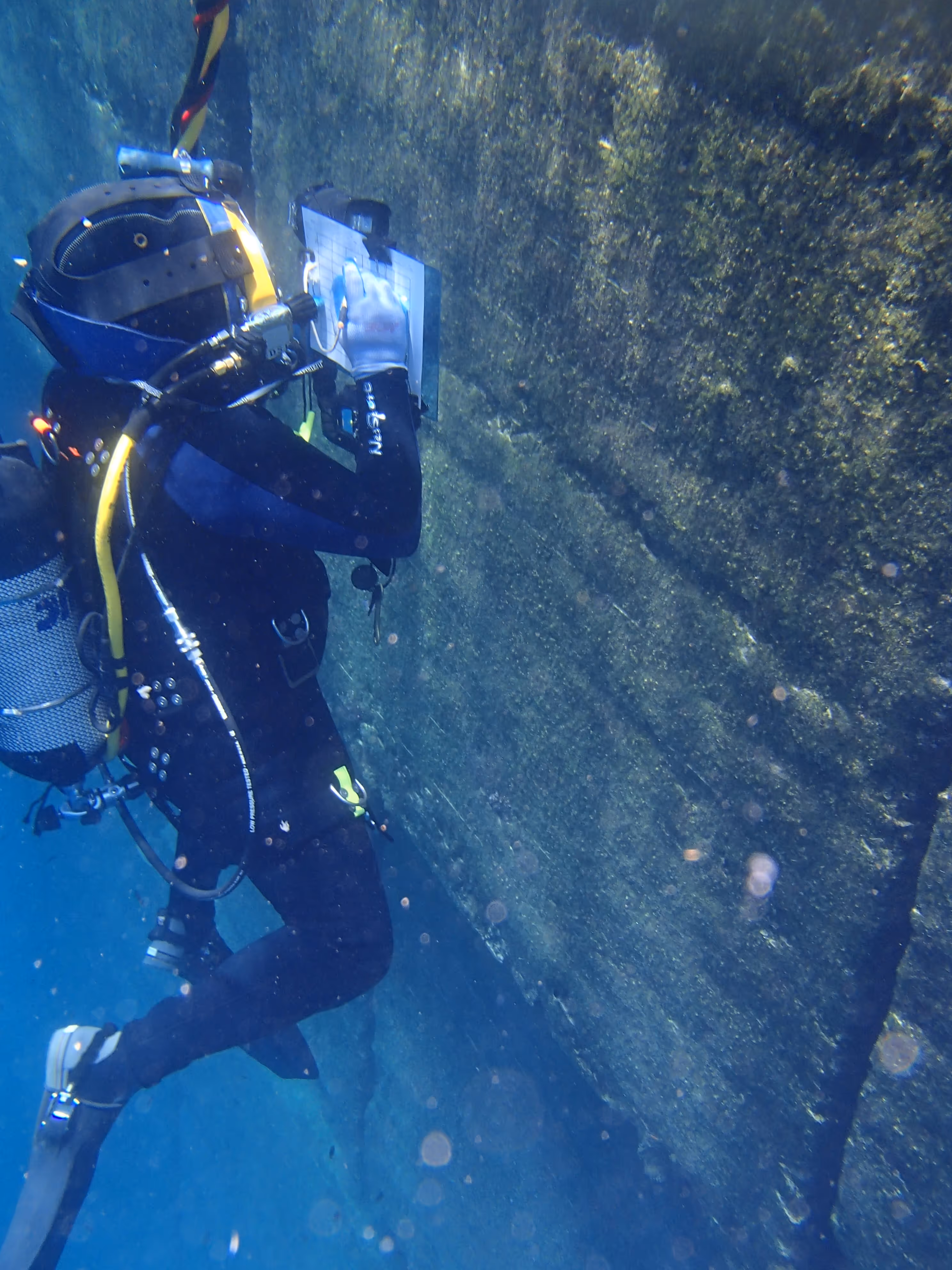 A man in a wet suit holding a clipboard underwater.