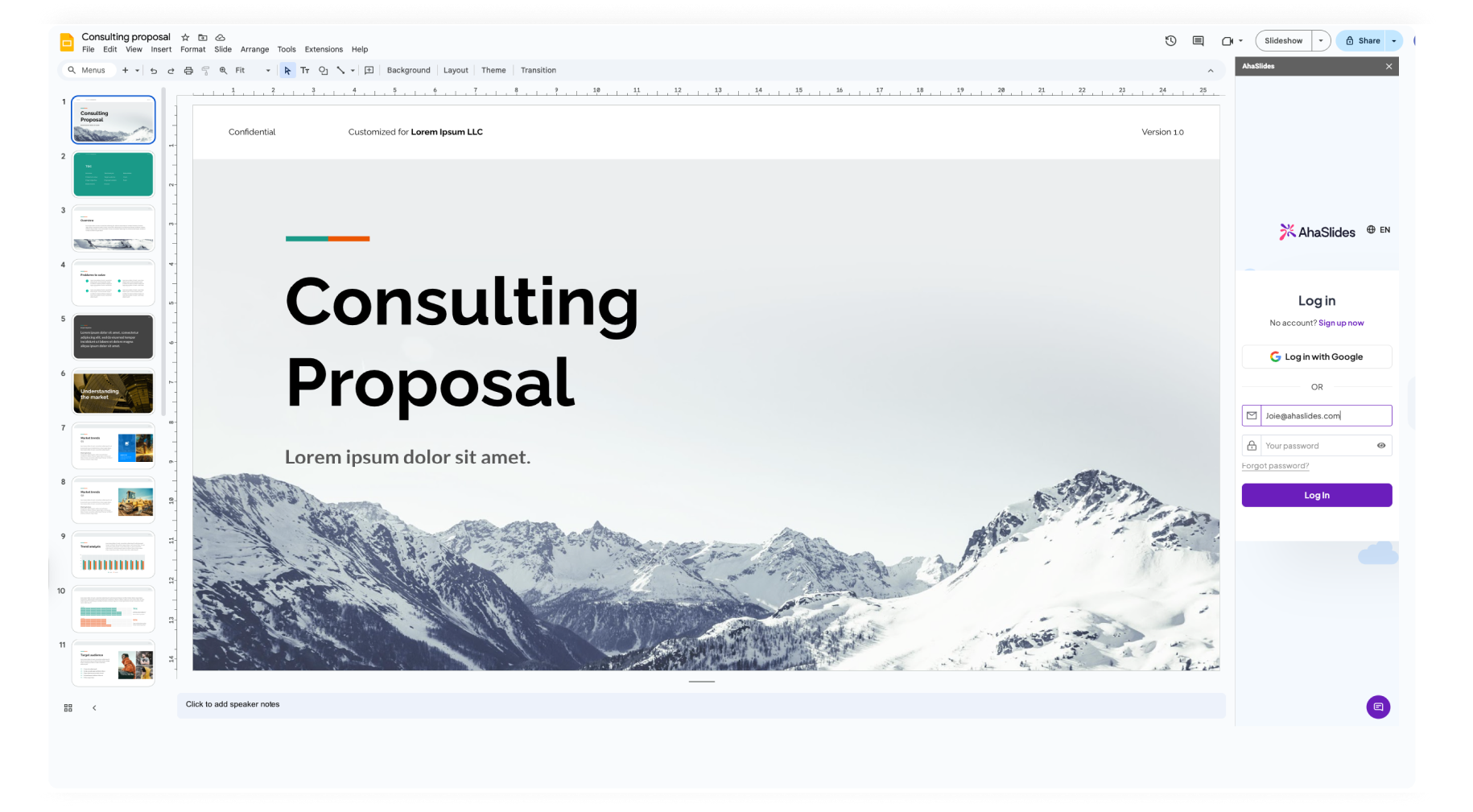 A Google Slides screen with AhaSlides integrated to make presentation interactive