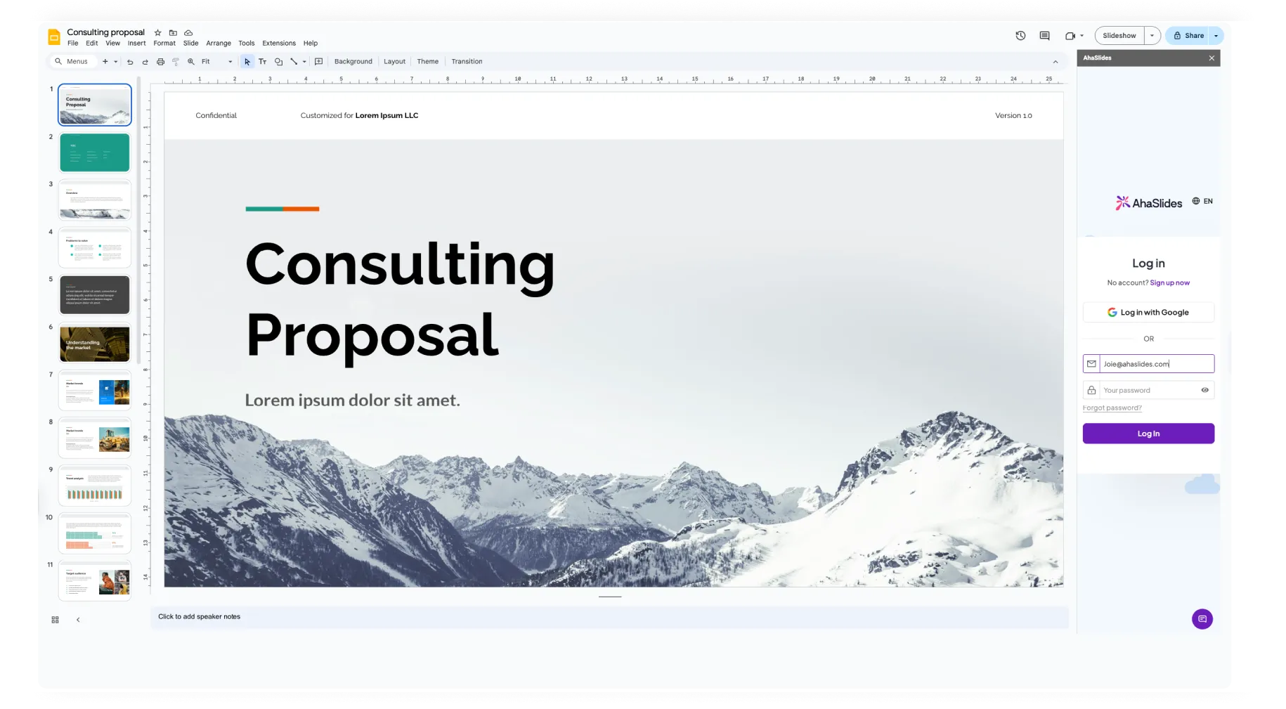 AhaSlides interactive presentation integrating with Google Slides on the right side of the screen