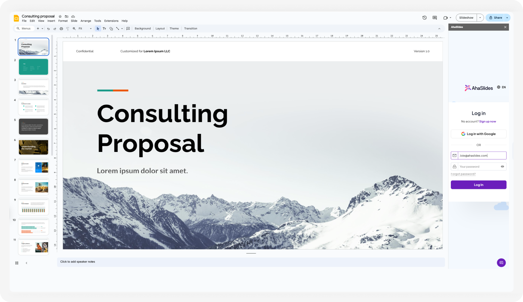 AhaSlides interaktiewe aanbieding integreer met Google Slides aan die regterkant van die skerm