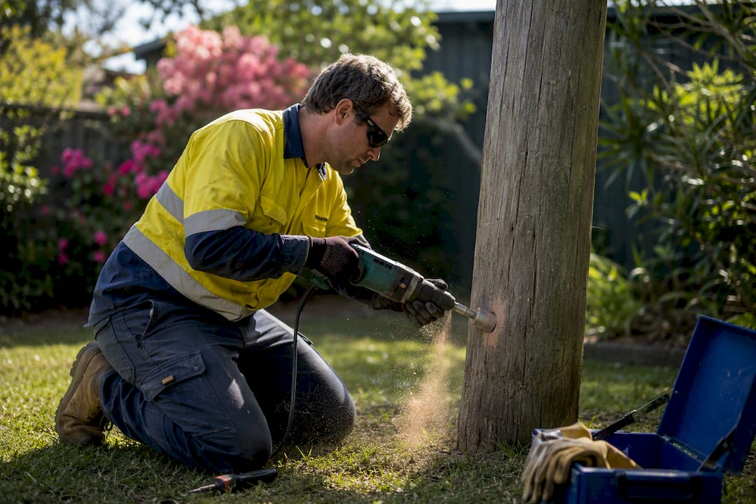 Electrician core drilling private power pole base