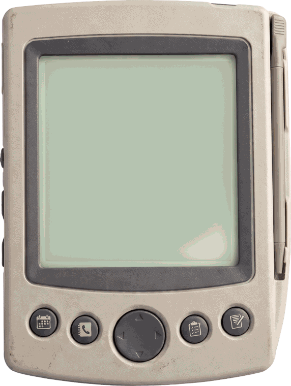 A 1990s handheld assistant with AQI on screen
