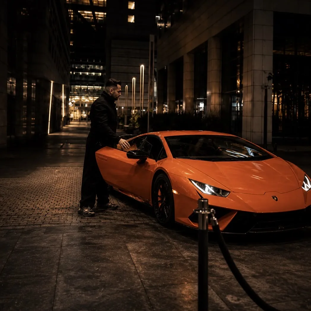 Pomarańczowe Lamborghini Huracán nocą przed wejściem do hotelu