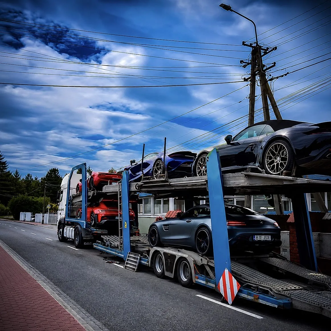 Laweta z autami JustCars w drodze do klienta