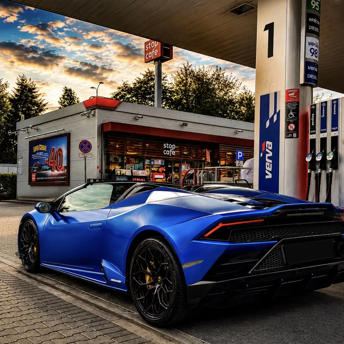 Niebieskie Lamborghini Huracán na stacji paliw