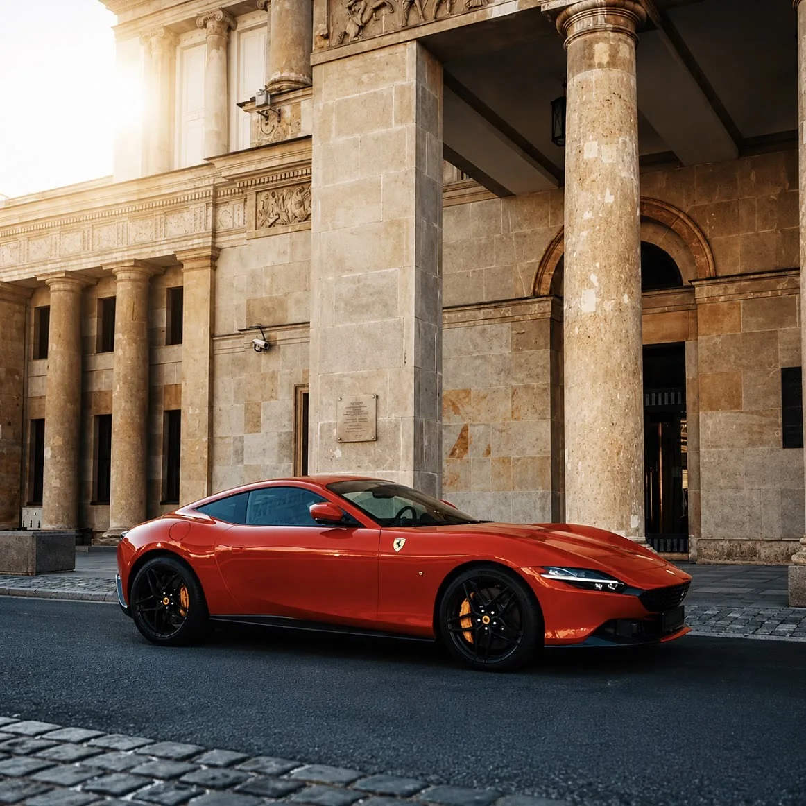 Czerwone Ferrari Roma przed Pałacem Kultury i Nauki