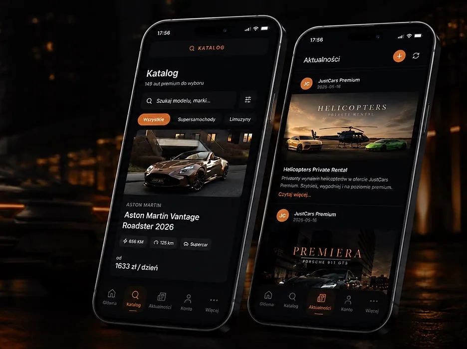 Aplikacja JustCars App na dwóch smartfonach