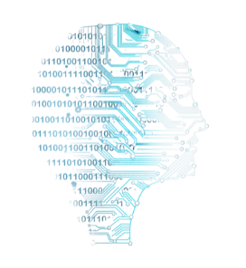 Head graphic comprising ones and zeros blending into digital circuitry. 