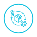 Product icon with box in centre. Two arrows form a circle broken by a cog and a lightbulb on either side.