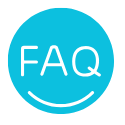 FAQ Icon with the the letters FAQ and a smile underneath contained in a circle.
