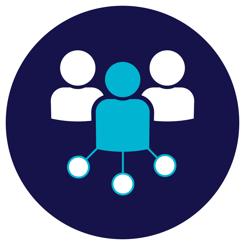 Collection Manager icon. Three people with satellite circles connected to the centre person icon.