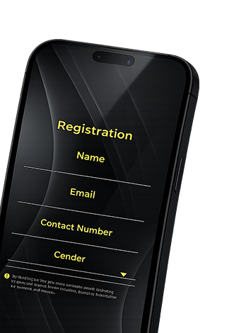 Black smartphone screen displaying a registration form with fields for name, email, contact number, and gender.