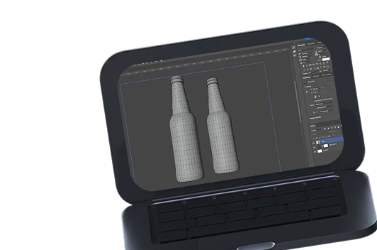 Black laptop screen displaying a 3D modeling software with two wireframe beer bottle models.