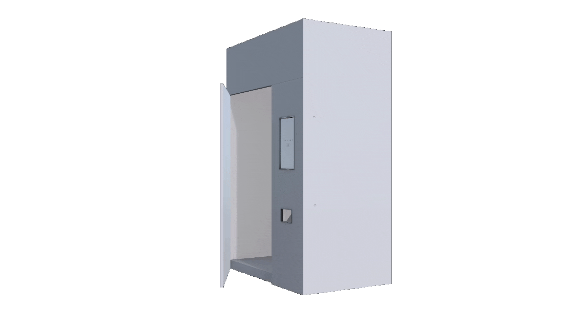 3D animation of a white and gray rectangular booth with an open door showing an empty interior.