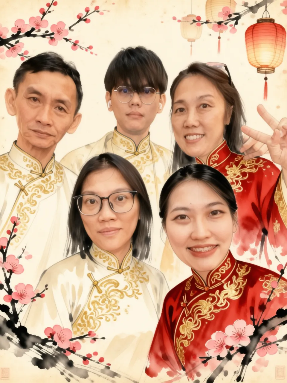 AI festive family portrait from Genting's CNY celebration: five guests in traditional Chinese outfits with plum blossoms