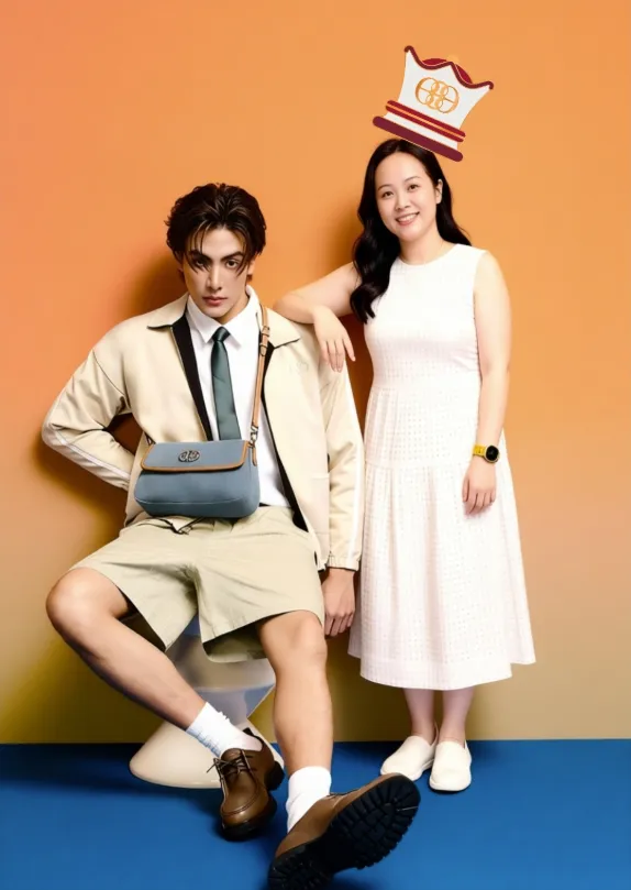 AI photo booth meet-your-idol theme: a guest posing beside a pop idol against an orange studio backdrop
