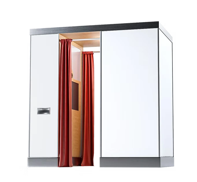 Premium enclosed photo booth with a classic red curtain, built in-house by Instamedia in Malaysia