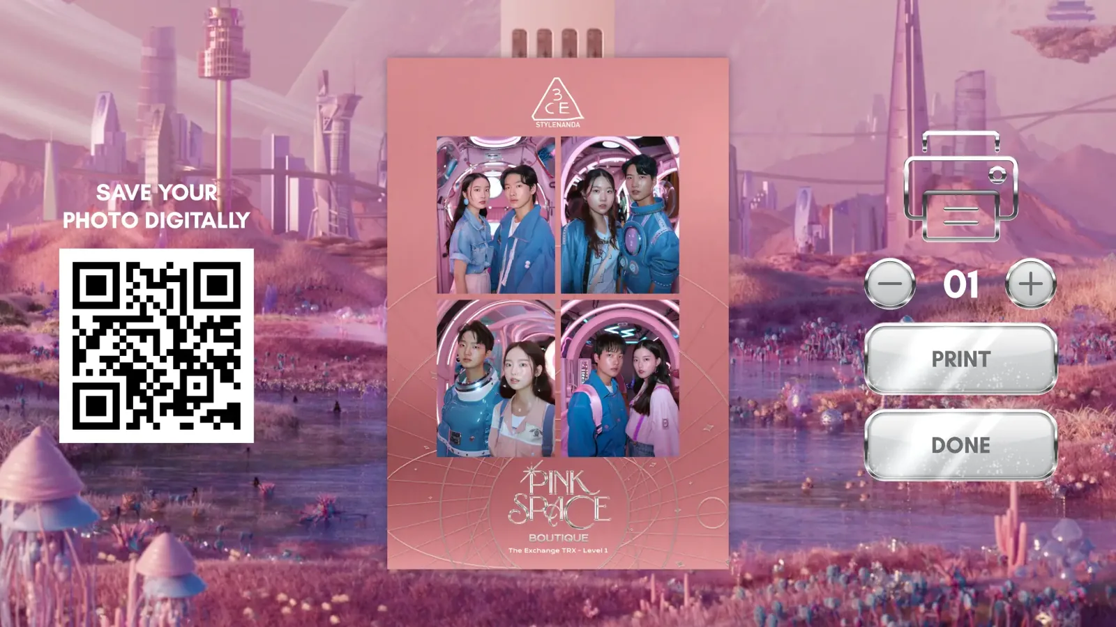 3CE AI photo booth screen showing a QR code to save the photo, the lead-capture step