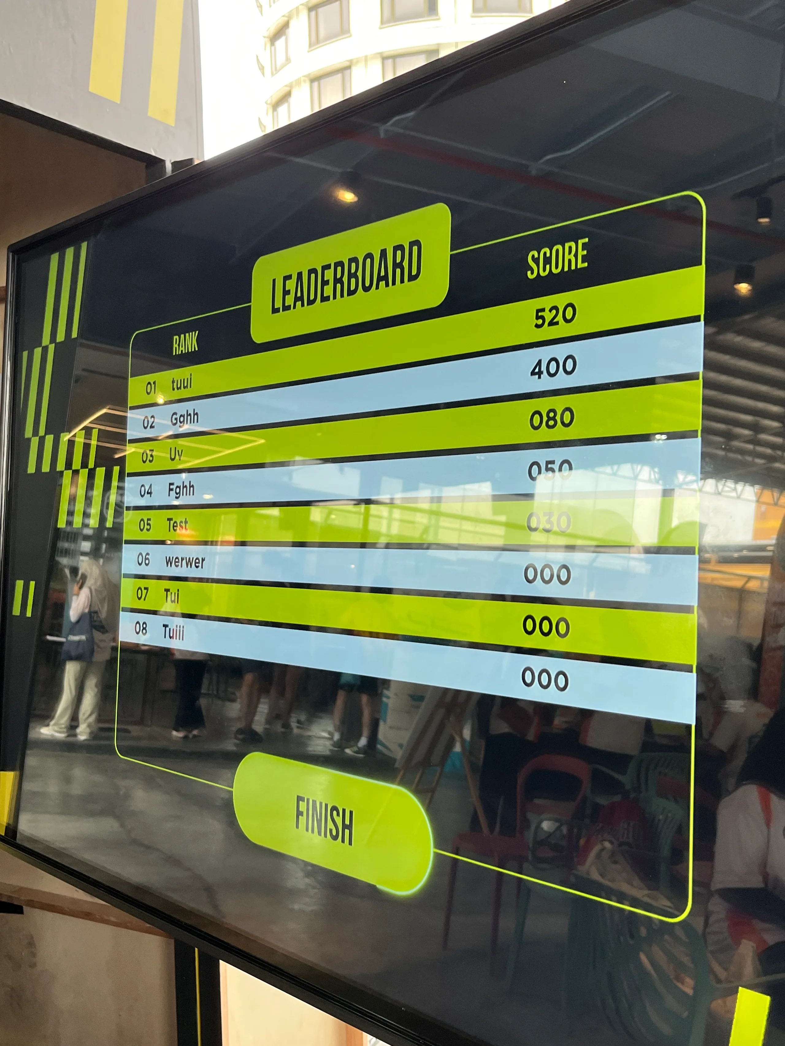 The live leaderboard screen of the JD Sports pickleball sensor wall game in Kuala Lumpur
